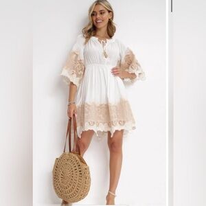 italian Spanish Dress with Lace White and Tan Lace s/m